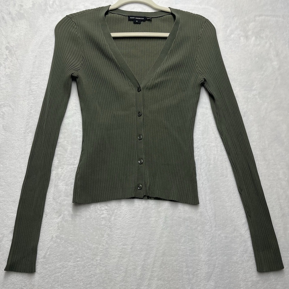 Good American Ribbed Button Up Cardigan Womens Small Olive Vneck Stretch